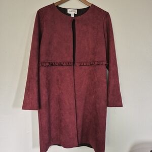 Joseph Ribkoff Merlot Faux Suede Long Length Jacket Hook & Eye Closure Size 10